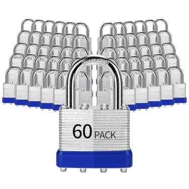 Imagem de HZSY Cadeado com chave de aço laminado (40 mm), fechaduras com chave, embalado com 60, cadeados de manilha normal, aros de plástico azul, para caixa de ferramentas, armário e unidade de armazenamento