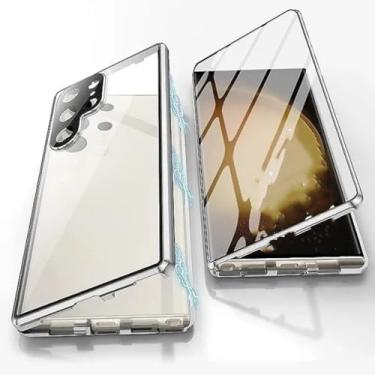 Imagem de 360 Metal Frame Double Sided Glass Snap Lock Magnetic Case para Samsung Galaxy S25 S24 S23 FE S22 Ultra Plus Proteção de lente completa, prata, para Galaxy S25Plus