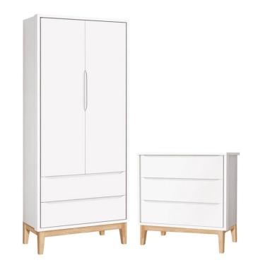 Imagem de Cômoda Gaveteiro e Guarda Roupa Infantil 2 Portas New Classic Branco com Pés Madeira Natural – Reller