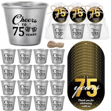 Imagem de Skybooly Conjunto de 50 lembrancinhas de festa de aniversário de 75 anos para convidados, copos de shot, brinde aos 75 anos, de aço inoxidável, etiqueta de agradecimento, saco de organza, barbante