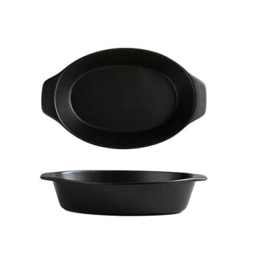 Imagem de Bandeja de cerâmica esmaltada de orelha dupla, bandeja de salada de frutas domésticas - preta