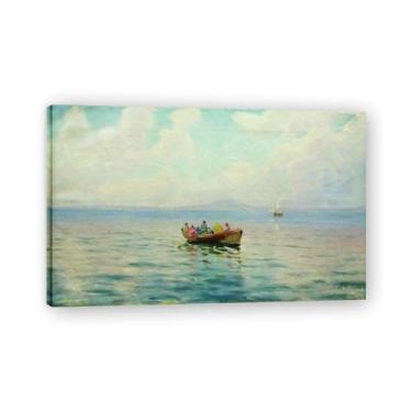 Imagem de Impressões em tela famosas. "Vista do mar com um barco" de Lev Lagorio, reproduções de arte clássicas, decoração de parede moderna para sala de estar escritório. Moldura interna de 60 x 96 cm - 23,6 x