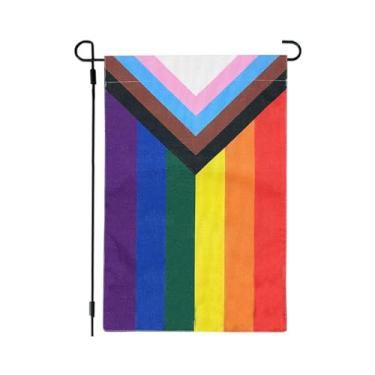 Imagem de Flagolden Bandeiras de jardim Progress Pride 30,5 x 45,7 cm, bandeira gay LGBTQ arco-íris de cores vivas para jardim externo, bandeira pequena para jardim transgênero com tudo incluído