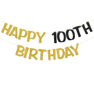 Imagem de Faixa Happy 100th Birthday - Suprimentos para guirlanda de festa de 100 anos para adultos - Decorações de festa Cheers to 100 Years - Glitter preto dourado
