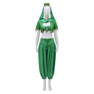Imagem de Vmyainrt Fantasia feminina I Dream of Jeannie, conjunto de fantasia de gênio vermelho/verde, festa de Halloween, cosplay com cocar, Jeannie II - Verde, 3G