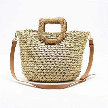 Imagem de Sacos De Palha Hd-tecido Saco De Palha Senhoras Um Ombro Balde Saco Poliéster Forro Textura, Beige, 24x36x18cm