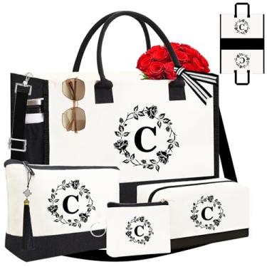 Imagem de Adoryoung Sacolas personalizadas para mulheres, 4 bolsas monograma, bordado frente e verso, inicial para presentes de aniversário, Bolsa com inicial