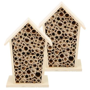 Imagem de AYNEFY Bee Hotel 2pcs Casa de Madeira para Abelhas Polinizadoras Nativas, Caixa de Ninho de Abrigo de Insetos para Insetos Benéficos, Adorável Decoração de Jardim 11,1oz, Troncos + Reed