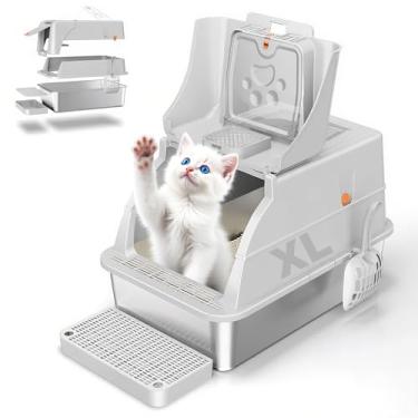 Imagem de Caixa de areia de aço inoxidável com tampa, caixas de areia extragrandes para gatos grandes, caixa de areia de metal fechada com compartimento lateral alto e pá, anti-vazamento, fácil limpeza