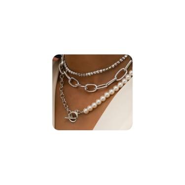 Imagem de 3 peças de colar delicado de corrente de pérolas, corrente de clipe de papel de tênis em camadas brilhantes, gargantilha personalizada, conjunto de colar de pérolas com fecho de ouro banhado a ouro