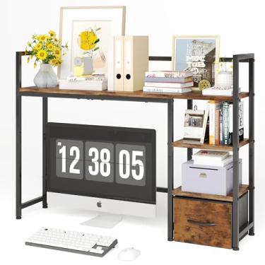 Imagem de Prateleira de mesa com gaveta, prateleira organizadora de mesa de 105 cm, suporte de mesa para monitor de computador máx. de 81 cm, suporte de exibição de mesa de 3 níveis, prateleira de madeira para