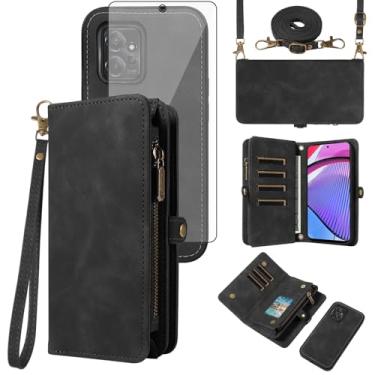 Imagem de Asuwish Capa para celular Motorola Moto G Power 5G 2023 com zíper carteira destacável com protetor de tela de vidro temperado alça transversal alça flip porta-cartões GPower G5 mulheres meninas preta
