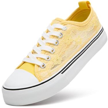 Imagem de ZGR Tênis de verão feminino, casual, respirável, de malha, renda, lona, tênis branco com flores bordadas, Amarelo, 38
