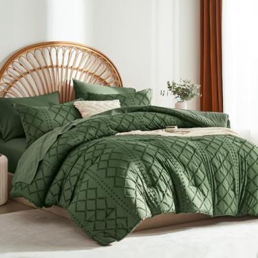 Imagem de ALAOOKKA Oliver Green Conjunto de edredom e edredom King Size 7 peças em uma bolsa, conjunto completo de edredom e lençol boho chique gasto, todas as estações, microfibra macia (verde-oliva, 259 x 228