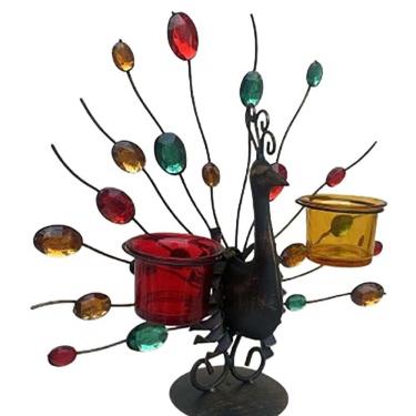 Imagem de Castiçal Duplo Pavão Decorativo Vela Metal Vidro Colorido