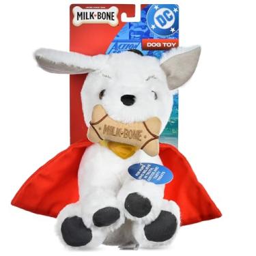 Imagem de DC Comics Superman Krypto The Superdog Brinquedo de pelúcia para cães – Brinquedo macio para cães com sons de enrugamento, capa e design de petisco de osso de leite, 19 cm