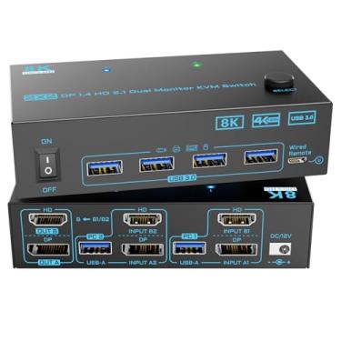 Imagem de DXchip Switch Kvm 8K Displayport 1.4 + Hdmi 2.1 Para Dois Monitores, 2 Computadores, Entradas, Saídas, Portas, Switches Kvm, Suporte Máximo De A 60 Hz/4K 144 Hz Pcs, Compartilhe Telas E 4 Dispositiv