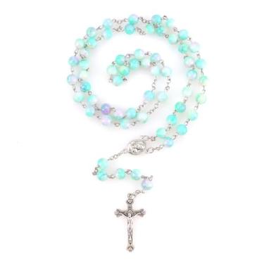 Imagem de Rosário católico para mulheres, colar feito à mão com imitação de pérolas verdes roxas, presentes de primeira comunhão, presentes cristãos de cruz de parede