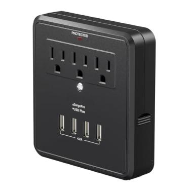 Imagem de Extensor de tomada multiplugue com USB, plugue de montagem na parede protetor contra surtos, 3 tomadas e 4 adaptadores divisor de saída USB com suporte de telefone extensível de 2 lados, listado ETL