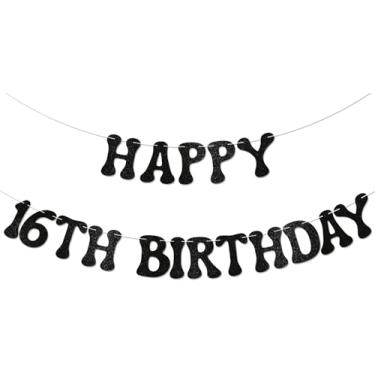 Imagem de Banner Happy 16th Birthday - Cheer to 16 Years, Happy Sweet 16 Sign, decoração de festa de aniversário de 16 anos para meninos adolescentes com glitter preto