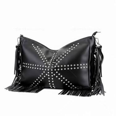 Imagem de Ayliss Bolsa feminina com franjas ocidentais, preta, punk, Hobo, bolsa de ombro cravejada, bolsa tiracolo gótica, Preto