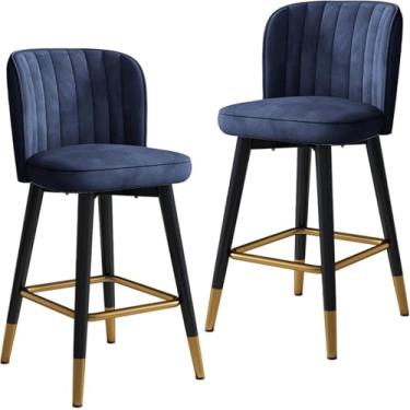 Imagem de Cadeira Alta Giratória Encosto De Veludo Bar Banquetas 2 Pcs, Balcão De Cozinha Doméstica Banqueta De Recepção Com Pernas Pretas E Apoio Para Os Pés Cromado Dourado, Blue, 65 cm
