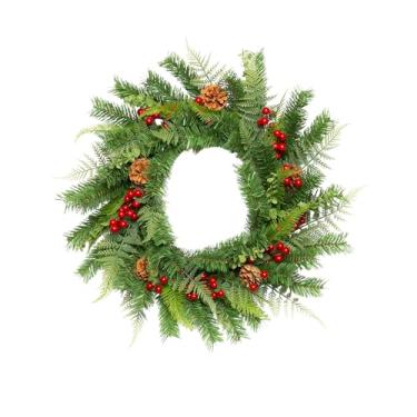 Imagem de Guirlanda de Natal Artificial 50 cm com Pinhas e Frutas Vermelhas – Guirlanda Decorativa de Porta para Ambientes Internos e Externos, Decoração de Natal Clássica e Elegante