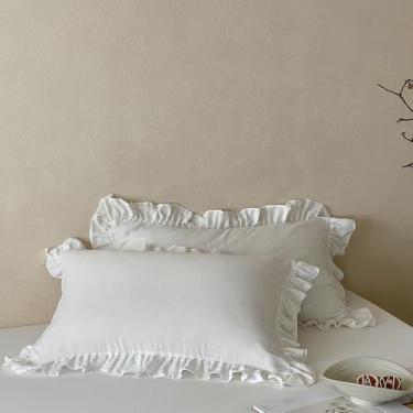 Imagem de CLOTHKNOW Fronhas brancas com babados padrão de 2 fronhas de fazenda tamanho padrão solteiro queen branco conjunto de 2 fronhas de travesseiro Boho Standrad