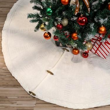 Imagem de Saia de árvore de Natal de 122 cm, branca, luxuosa, de malha, grossa, rústica, decoração de árvore de Natal, para casa de fazenda, crochê, árvore de Natal, decoração de Natal, festas em casa