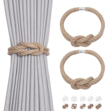 Imagem de NICEEC Pacote com 2 laços de cortina de corda de juta natural, elegante, estilo boêmio, fecho magnético, amarrado, corda macia à mão, retentores para cortinas de casa e escritório (nó de juta-02)