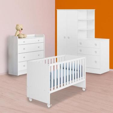 Imagem de Berço Retro, Guarda Roupa C/ Cômoda e Cômoda Trocador Branco - Qmovi