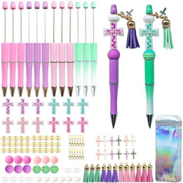 Imagem de JNwhy Canetas esferográficas com contas, tinta preta, ponta média, multicoloridas, 12 peças (flor cruzada)