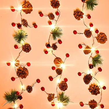 Imagem de Rocinha Guirlanda de Natal com luzes operadas por bateria de 2,2 m, 20 LEDs, guirlanda de pinheiro de baga vermelha com luzes, guirlanda iluminada de Natal para lareira de manto interior e exterior