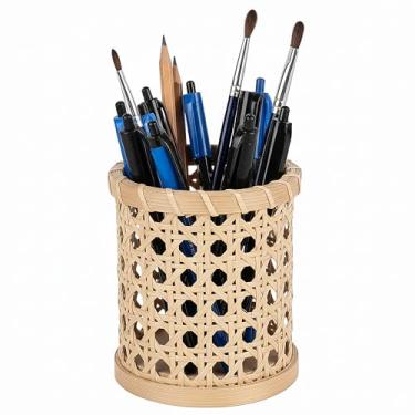 Imagem de JANKINGS Porta-lápis de vime, copo de caneta aberto à mão para mesa, organizador de copos de lápis de tecido de bengala branca, decoração de escritório rústica boho, pacote com 1