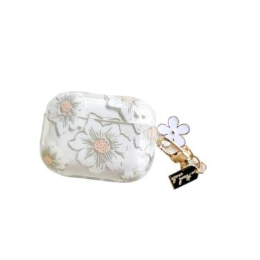 Imagem de Capa de fone de ouvido para AirPods Pro 3, linda capa floral elegante de silicone macio, transparente transparente para AirPods Pro 3 capa protetora protetora para fones de ouvido + chaveiro - branca