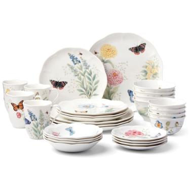 Imagem de Conjunto de Aparelho de Jantar com 28 Peças, Tema de Borboletas, Material de Porcelana e Formato Redondo, Lenox 865075, Branco Colorido