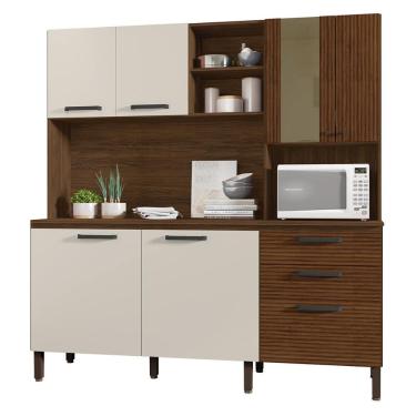 Imagem de Armário De Cozinha Mega Com Tampo 7 Portas E 2 Gavetas Nogueira Off White Ripado