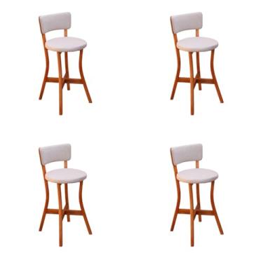 Imagem de Kit 4 Banquetas Alta Com Encosto Estofado Base em Madeira Maciça Linho Bege - Frida