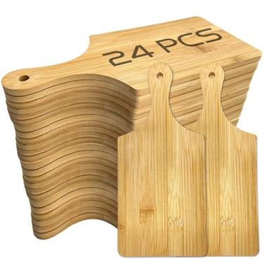 Imagem de Pacote com 24 tábuas de corte de queijo de madeira, conjunto de mini tábuas de charcutaria para gravação a laser, tábuas de charcutaria pequenas com alça, tábua de corte de madeira a granel