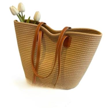 Imagem de Bolsa de Palha Grande Capacidade | Bolsa de Ombro Tecida para Praia | Férias Casuais(caqui)