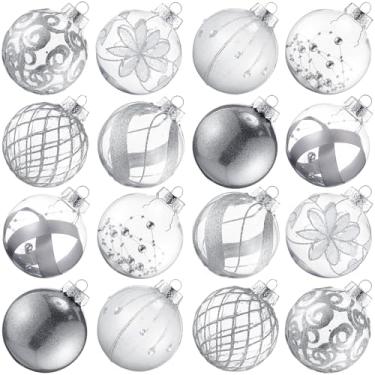 Imagem de Hollowfly Conjunto de enfeites de Natal transparentes de 80 mm/3,14 polegadas, 16 peças, enfeites de bolas de Natal grandes transparentes com glitter, decorações de Natal rústicas à prova de