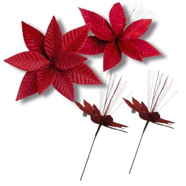 Imagem de Kit com 2 Flores Natalinas Aranjos Vermelhos com Glitter 30cm | Enfeite Luxuoso para Árvore de Natal, Guirlanda e Decoração Natalina | Poinsettia Brilhante para Decoração De Final de Ano