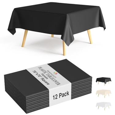 Imagem de Party Solids Pacote com 12 toalhas de mesa descartáveis de plástico preto – Tamanho: 177 × 177 cm – Capa de mesa quadrada para festas, piqueniques e eventos formais