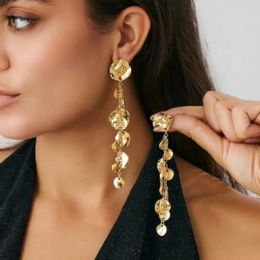 Imagem de Brincos pendentes de disco martelado com borla para mulheres, boêmio, pingentes redondos, candelabros longos, brincos pendentes de gota, leve, boho, festival, formatura, festa, joias, Medium, Metal