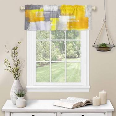Imagem de Cortina de cozinha de grafite amarelo para janela, arte abstrata, bolso para varão, sanefa, cozinha, tratamento de janela para quarto, sala de estar, 106,7 x 30,5 cm