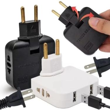 Imagem de Adaptador de Tomada Universal Articulado com Entrada USB Benjamin Elétrico Multifuncional Plugue Universal de Viagem Portátil e Seguro para Vários Dispositivos