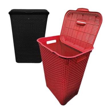 Imagem de Cesto de Roupas Plástico com Tampa 70L Estilo Rattan para Lavanderia e Banheiro (vermelho)