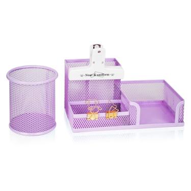 Imagem de YOBRO Organizador de mesa de malha com um copo de lápis, suporte de mesa de 3 compartimentos, suporte útil para notas adesivas e clipes de papel, organizador de material de escritório para casa