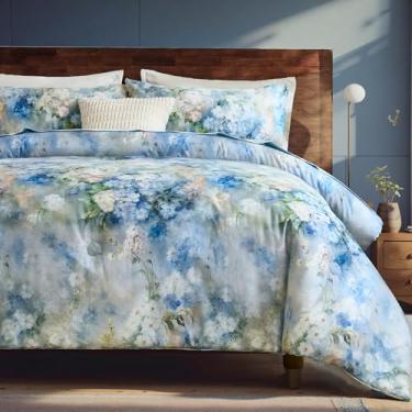 Imagem de Bedorm Conjunto de edredom floral, Queen, 3 peças, de algodão, azul, branco, botânico, estilo monet, decoração de quarto, arte chique, edredom para todas as estações