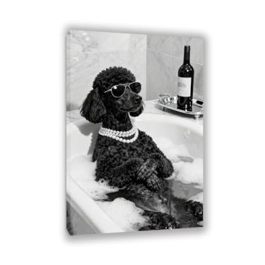 Imagem de Decoração de banheiro engraçada arte de parede poodle emoldurado com vinho tinto impressão de arte preto e branco animal tela rústica casa de fazenda decoração de parede de banheiro moldura 90x60cm
